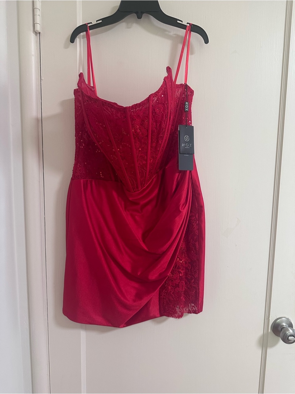Nox Anabel Red Lace Sequin Corset Satin Draped Mini Dress Size 14 New
